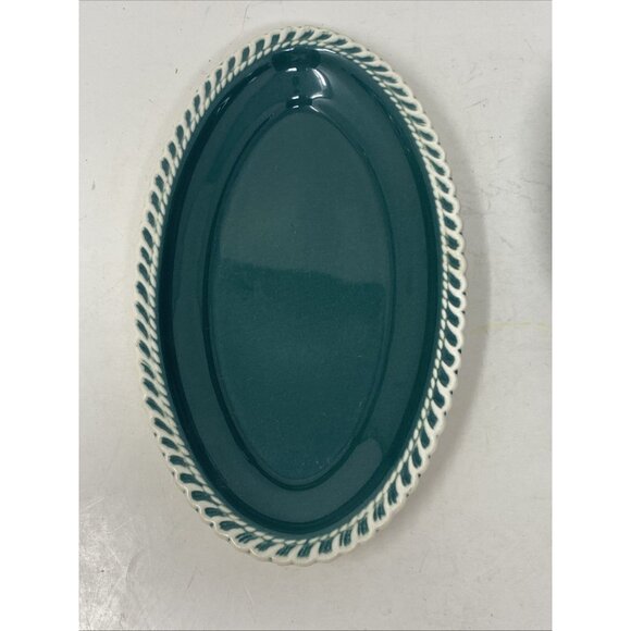 Harker Pottery Corinthian Teal Green Gravy Boat & Plate White Trim Harkerware - Picture 5 of 11